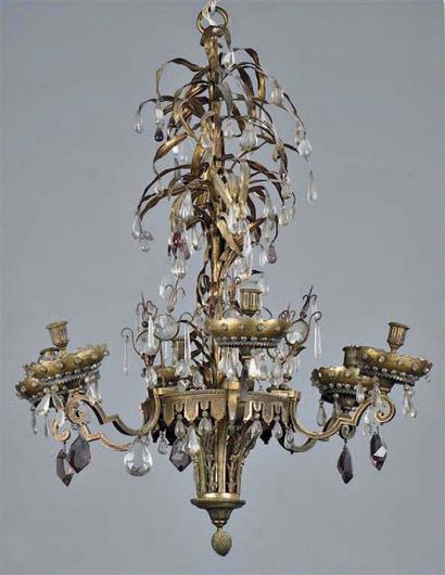 LUSTRE en bronze et tôle dorée, à six bras...