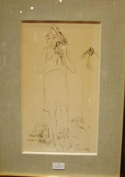 JEAN JANSEM (1920-2013)
Jeune fille aux oiseaux.
Encre,...