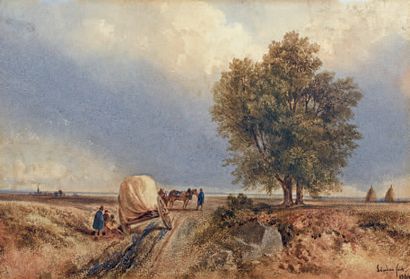 Siméon FORT (1793-1861)
Carriole accidentée.
Aquarelle.
Signée...