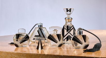 Set of Art Deco crystal bottles with black...