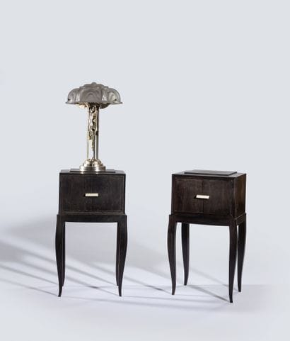 Pair of blackened wood bedside cabinets,...