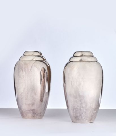 GALLIA
Pair of silver plated vases with gadroons...