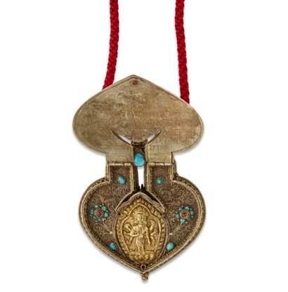 Boîte de reliquaire en argent, Tibet XIX...