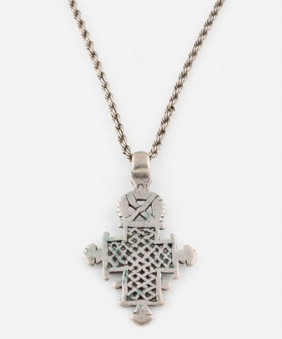 Pendentif croix en argent (800) copte éthiopienne,...