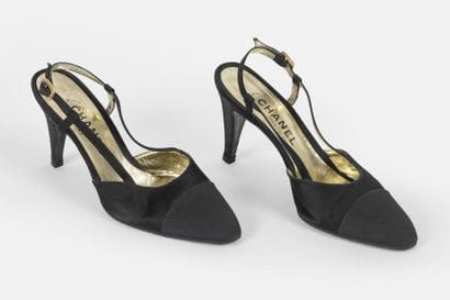 CHANEL
Pair of black satin open-toe pumps,...