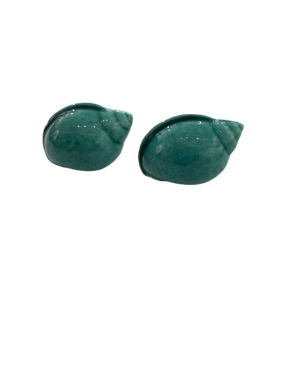 SHELL EAR CLIPS 
Two turquoise glazed earthenware...