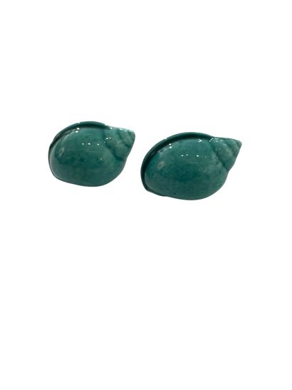 SHELL EAR CLIPS 
Two turquoise glazed earthenware...