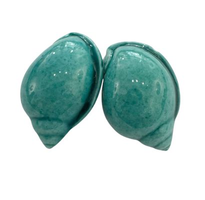 SHELL EAR CLIPS 
Two turquoise glazed earthenware...