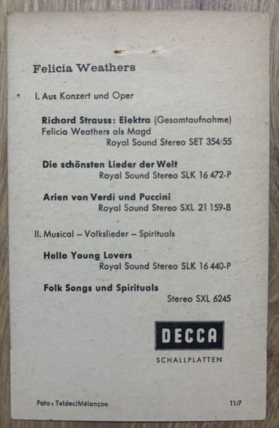 WEATHERS (Felicia).

Cantatrice américaine,...