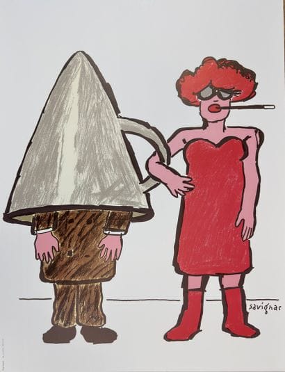 SAVIGNAC d'après. Femme et entonnoir. Estampe....