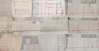 Suite de 12 plans d'architectes d'un immeuble...