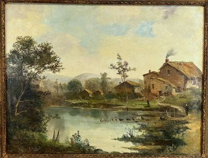 F DUBOIS. Landscape by a Pond. Oil on canvas,...
