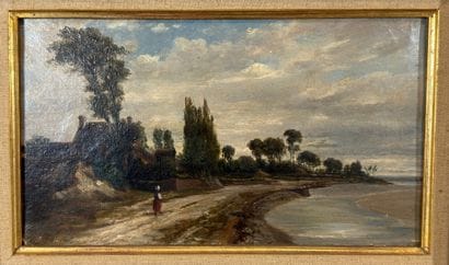 19th-century school. Riverside landscape....