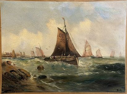 HICKS? Fishing Scene. Oil on canvas, signed...