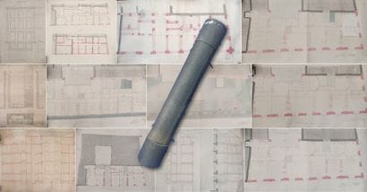 Suite de 12 plans d'architectes d'un immeuble...