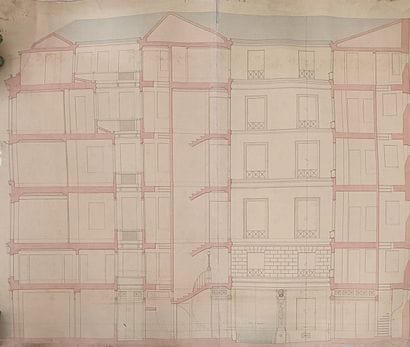 Suite de 12 plans d'architectes d'un immeuble...
