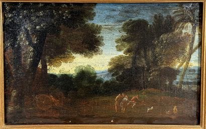 19th-century school. Lively landscape. Oil...