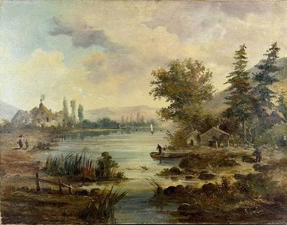 F DUBOIS. Landscape by a Pond. Oil on canvas,...