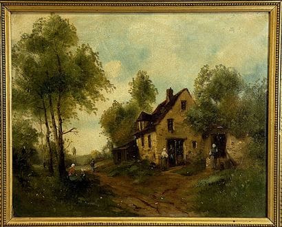 19th-century school. Farm scene. Oil on canvas....