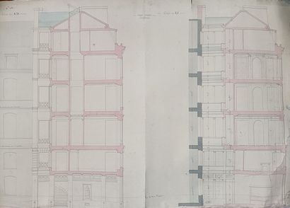 Suite de 12 plans d'architectes d'un immeuble...