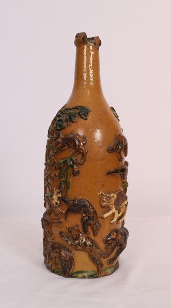 VERY INTERESTING POLYCHROME GLASS BOTTLE...