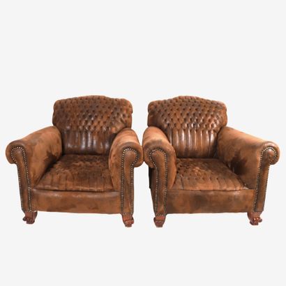 PAIR OF CHESTERFIELD STYLE ARMCHAIRS, 20th...