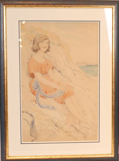 PORTRAIT OF A YOUNG WOMAN SITTING ON A ROCK
Watercolor...