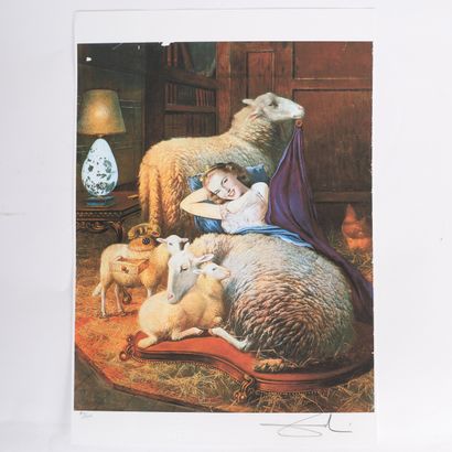 GIRL IN A TROOP OF SHEEP