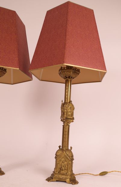 PAIR OF NEO-GOTHIC LAMPS
Gilded brass tripod...