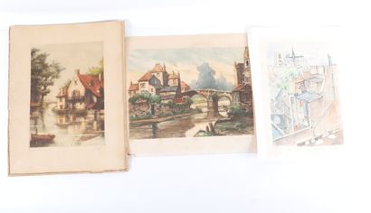 SET OF TWO LITHOGRAPHS AND ONE WATERCOLOR:
-...