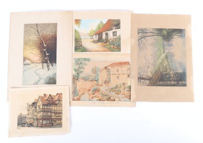 SET OF FOUR COLOR ETCHINGS AND ONE WATERCOLOR:
-...