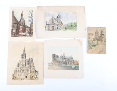 SET OF THREE COLOR ENGRAVINGS AND TWO WATERCOLORS:
-...