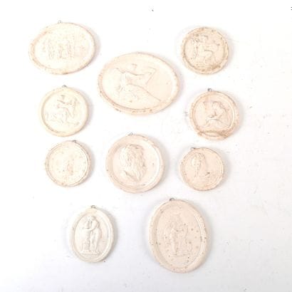 SET OF TEN SMALL ANTIQUE-STYLE PLASTER BAS-RELIEFS,...