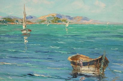 École du XXe. Le port en été. Huile sur toile....