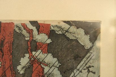 JAPON. Combat d'hommes, estampe. Signée en...
