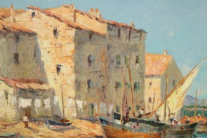 École du XXe. Le port en été. Huile sur toile....