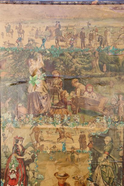 Paravent à quatre feuilles en toile et cuir,...