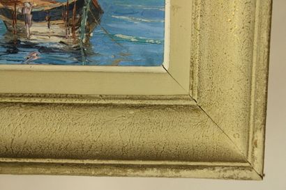 École du XXe. Le port en été. Huile sur toile....