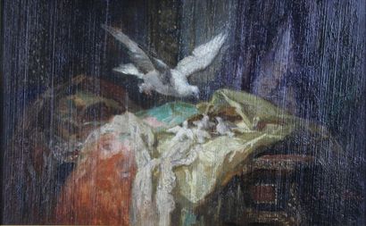 Colombe nourrissant ses petits, huile sur...