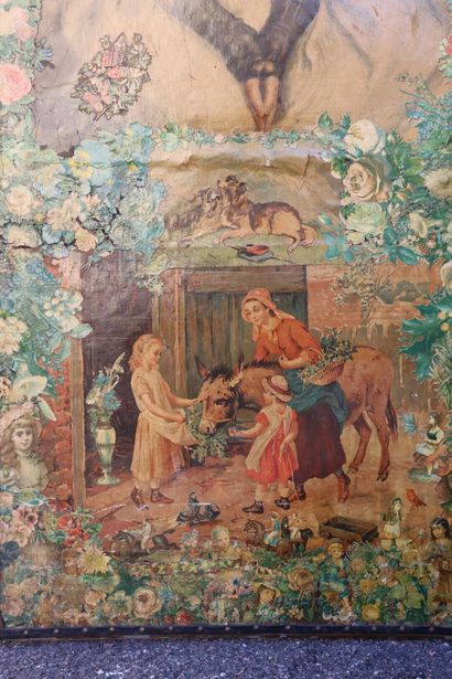 Paravent à quatre feuilles en toile et cuir,...