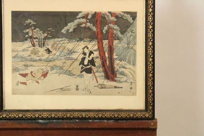 JAPON. Combat d'hommes, estampe. Signée en...