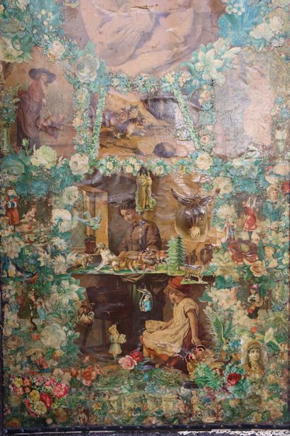 Paravent à quatre feuilles en toile et cuir,...