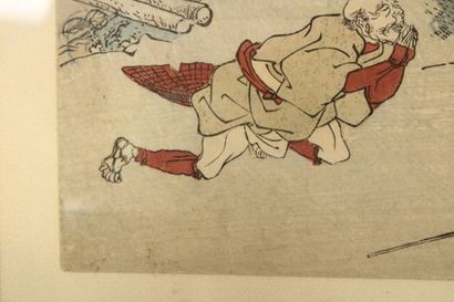 JAPON. Combat d'hommes, estampe. Signée en...