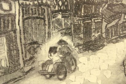 CHINE. Vue d'une ruelle, gravure. Signée...