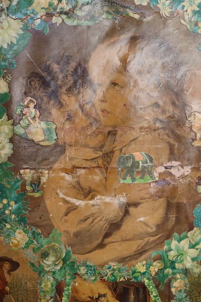 Paravent à quatre feuilles en toile et cuir,...