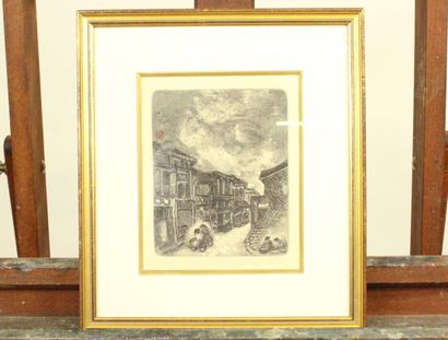 CHINE. Vue d'une ruelle, gravure. Signée...