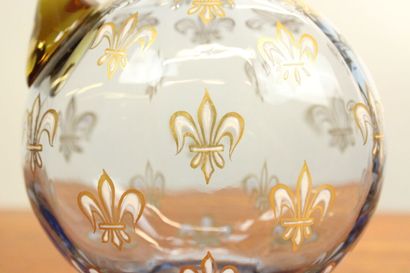 Liqueur service in blue glass with fleur-de-lis...