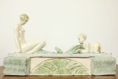 Blue and green earthenware sculpture, decorated...