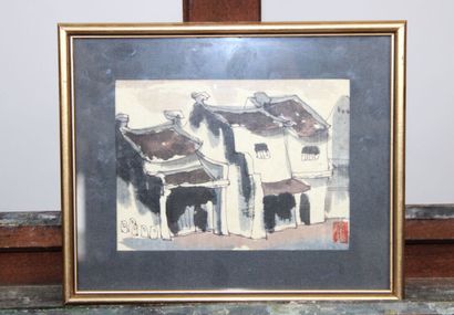 CHINE. Paysage urbain, encre sur papier.Tamponné...