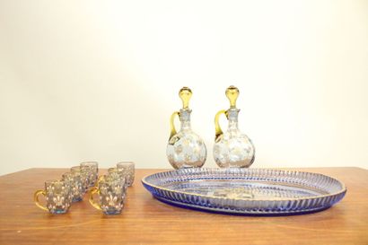Liqueur service in blue glass with fleur-de-lis...